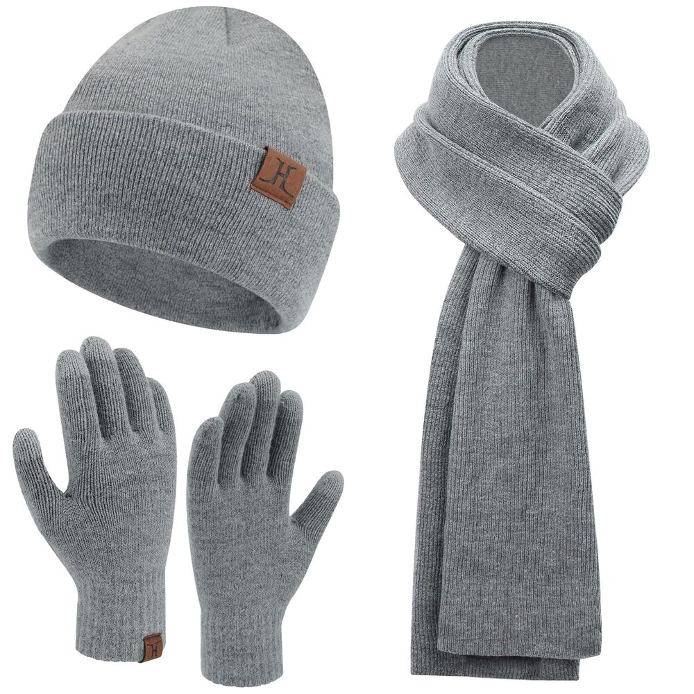 5230 Winter Warm Beanie Hats Long Scarf Neck Touchscreen Gloves Set Ribbed
